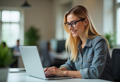 Woman working on laptop in modern office setting