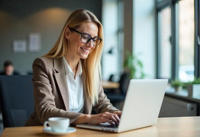 Professional woman working on laptop at cafe