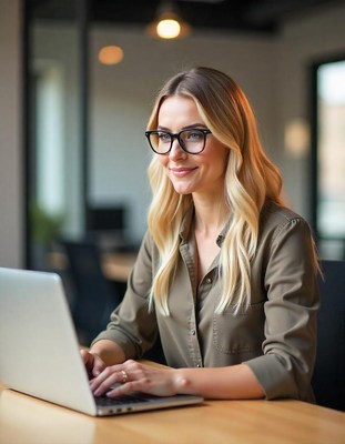 Woman working on laptop in modern office setting