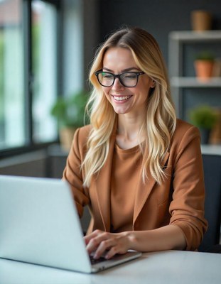 Woman working on laptop in modern office space