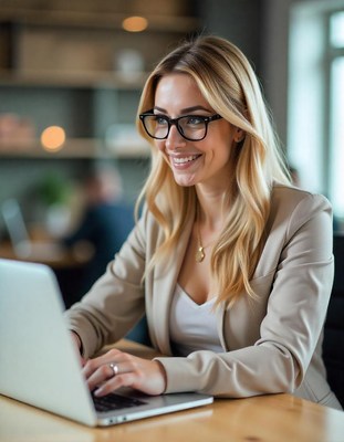 Smiling woman working on laptop in modern office space