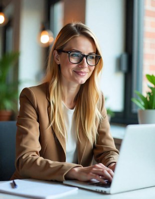 Woman working on laptop in modern office space