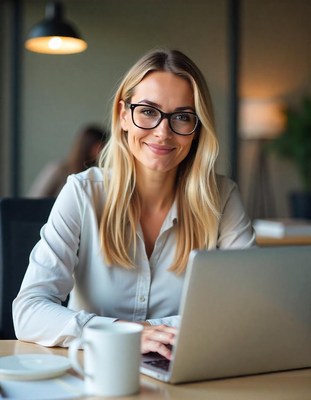 Woman working at a laptop in a modern office setting