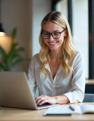 Young woman working on laptop in modern workspace