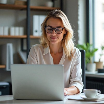 Woman working on a laptop in a modern office space