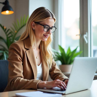 Woman working on laptop in cozy office environment
