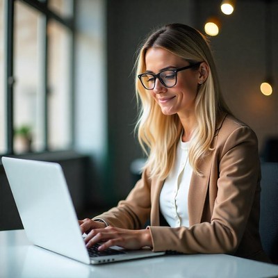 Professional woman working on laptop in modern office