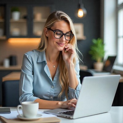 Woman working on laptop in modern home office