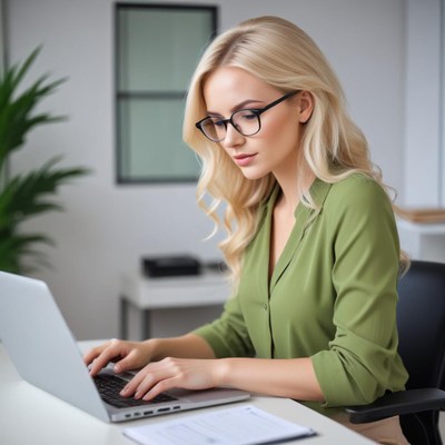 Professional woman working on laptop in modern office