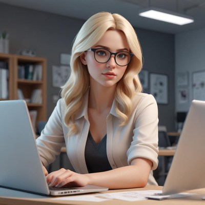 Woman working on a laptop in a modern office setting