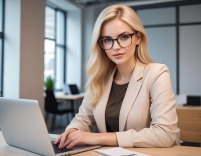 Business professional working at office desk with laptop