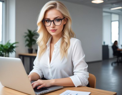 Professional woman working on laptop in modern office