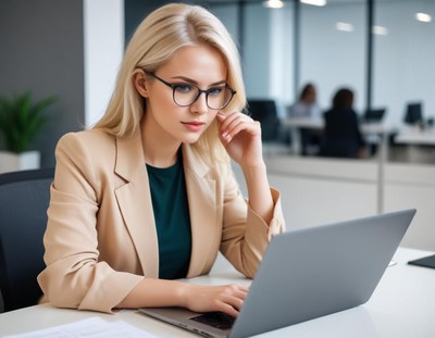 Professional woman working on laptop in a modern office