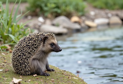 Hedgehog resting by the tranquil lakeside during daytime