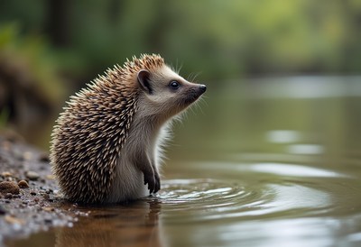Hedgehog exploring the calm waters of a serene habitat
