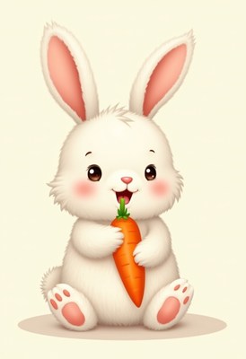 Cute white rabbit enjoying a carrot in a cheerful setting