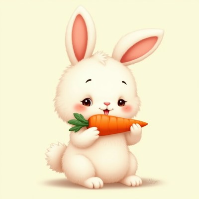 Cute white bunny happily munching on a bright carrot