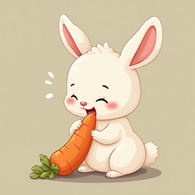 Cute bunny happily nibbling on a bright orange carrot
