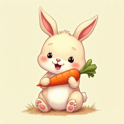 Cute rabbit holding a carrot in a playful pose