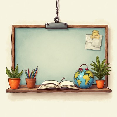 Creative workspace with globe, plants, and open book