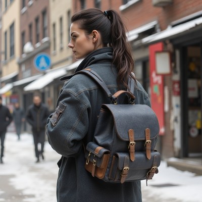Young woman walking in snowy urban street with backpack