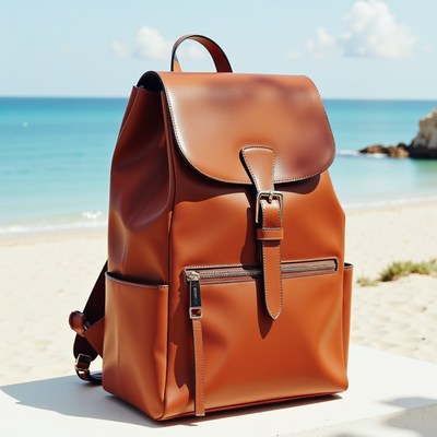 Brown leather backpack by the sea on a sunny day
