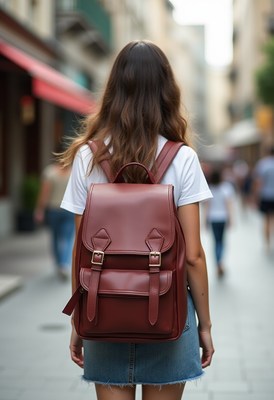 Young woman walking in a city with a brown backpack