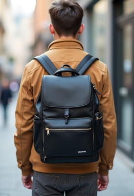 Young adult walking in city with stylish backpack