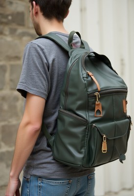 Man wearing a green backpack in an urban environment