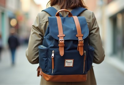 Stylish backpack worn by traveler in urban setting