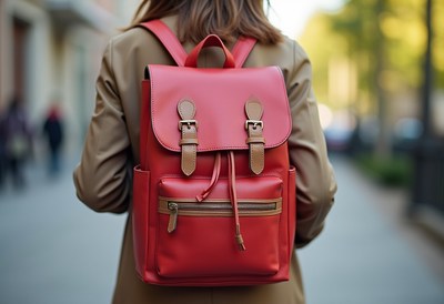 Bright red backpack worn by a person on a city street