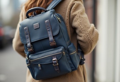 Woman carries stylish blue backpack in urban setting