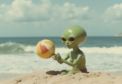 Alien enjoying beach day while playing with a beach ball