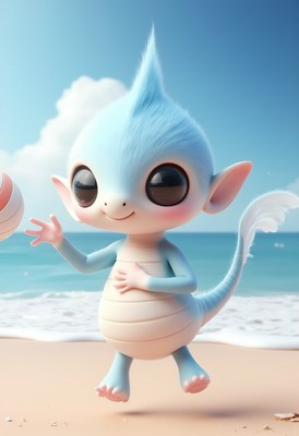 Cute blue creature plays at the beach under a sunny sky