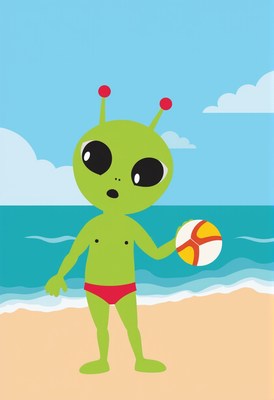 Alien enjoys a beach day with a ball in hand