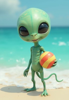 Green alien holds a beach ball at the ocean shore