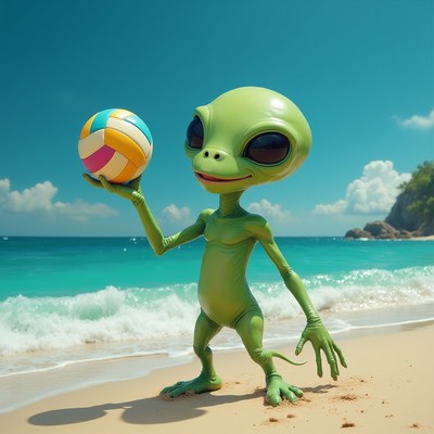 Alien playing beach volleyball on a sunny day