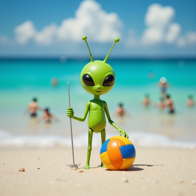 Green alien enjoys beach day with a colorful ball