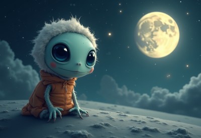 Cute alien creature gazing at the moon in a tranquil scene