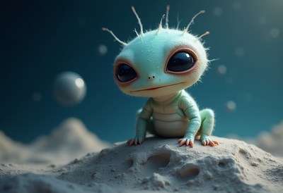 Cute extraterrestrial creature explores a lunar landscape
