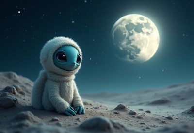 Cute creature explores moon under bright full moonlight