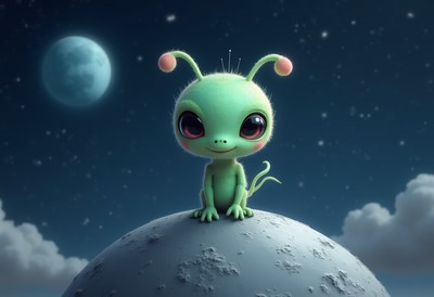 Cute alien character sitting on the moon at night