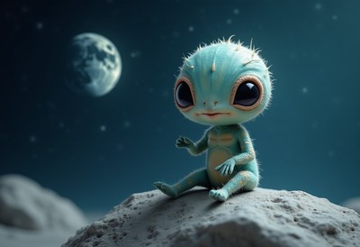 Cute alien creature exploring the moon under a starry sky