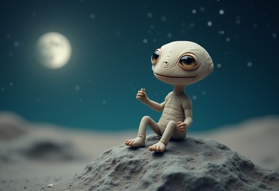 Alien creature sits on moon rock under starry sky