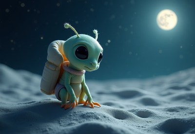 Space explorer with backpack on the moon at night