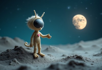 Soft alien toy exploring a lunar landscape at night