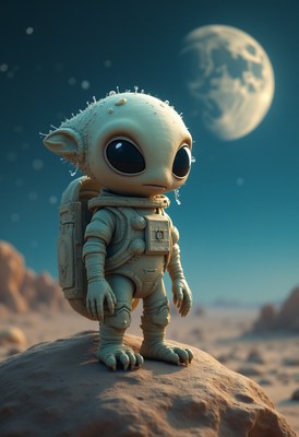 Alien explores a distant planet by moonlight