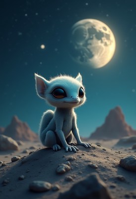 Cute blue creature sitting on a moonlit landscape