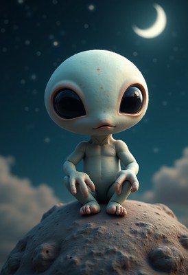Alien creature sitting on a moon under a starry night