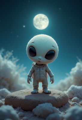 Small alien figure stands under a bright full moon